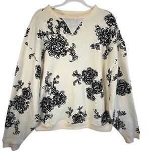 Free People We The Free Floral Oversized Cotton Sweatshirt Cream Black XS